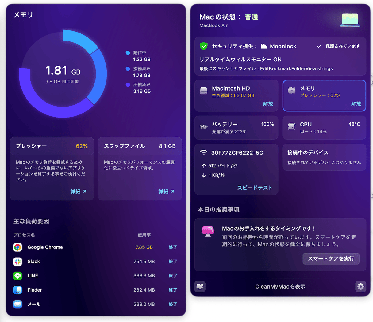 CleanMyMac Menuで素早くメモリ解放